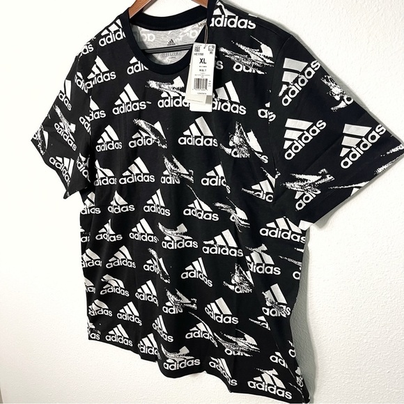 Adidas men Brand’s love all over logo printed Tshirt black white size XL NWT - Picture 3 of 10